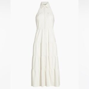 NWT! ALICE + OLIVIA Miranda tiered ivory faux leather halterneck midi dress Sz12